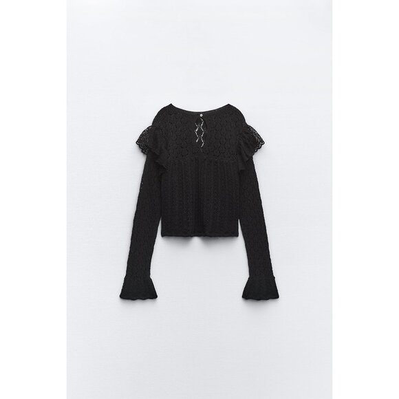 Zara Black Pointelle Ruffle Long Sleeve Semi Crop Top - Picture 6 of 10
